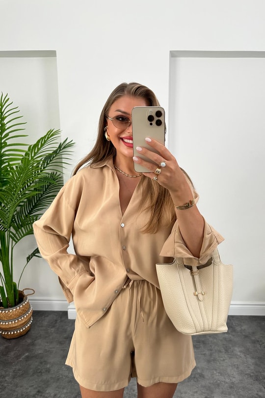 Premium Kalite Tensel Modal Kumaş Şort Gömlek Takım Soft Camel