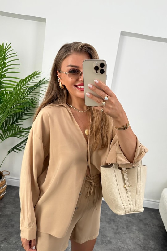 Premium Kalite Tensel Modal Kumaş Şort Gömlek Takım Soft Camel