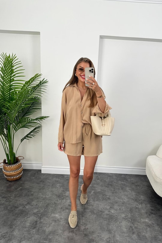 Premium Kalite Tensel Modal Kumaş Şort Gömlek Takım Soft Camel