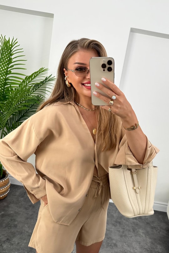 Premium Kalite Tensel Modal Kumaş Şort Gömlek Takım Soft Camel