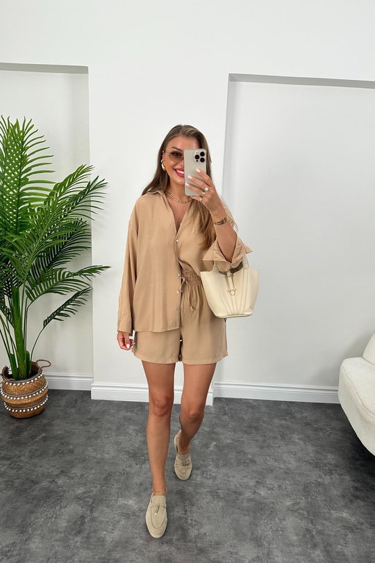 Premium Kalite Tensel Modal Kumaş Şort Gömlek Takım Soft Camel