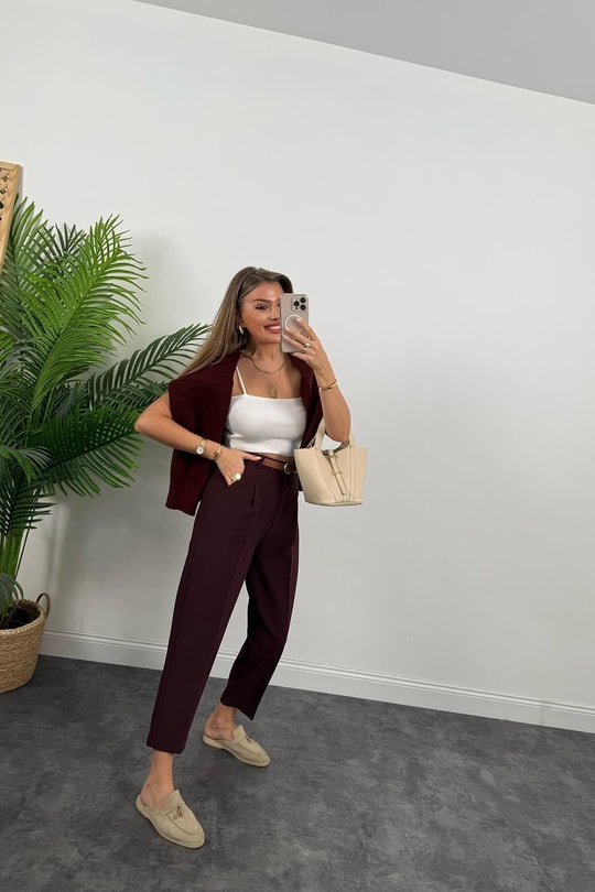 Premium Kalite Tok Kumaş Kemerli Havuç Pantolon Mürdüm Bordo