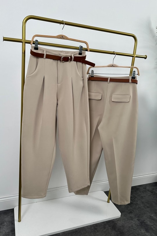 Premium Kalite Tok Kumaş Kemerli Havuç Pantolon Taş