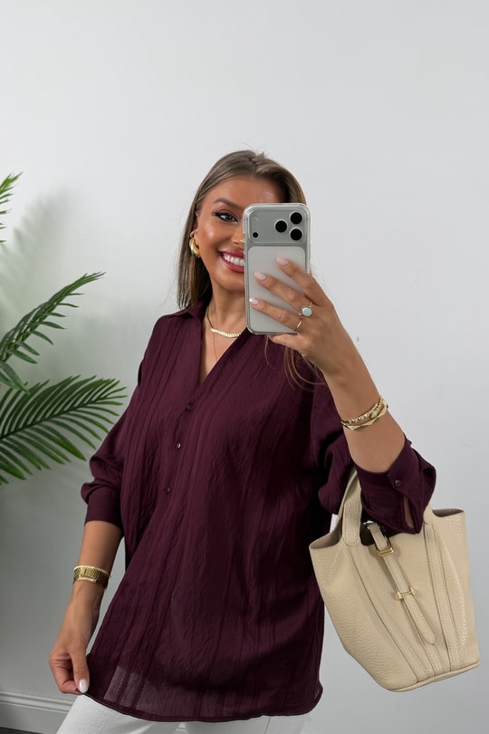 Premium Kalite Transparan Detaylı Nakışlı Tensel Gömlek Mürdüm