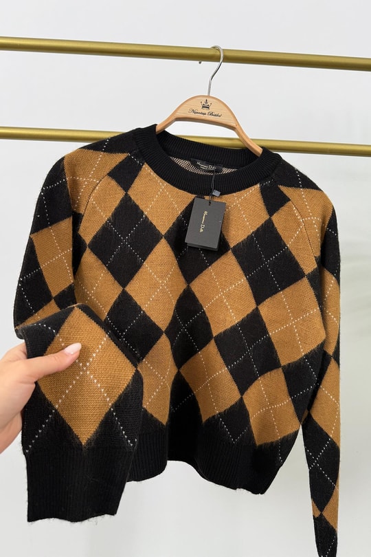 Premium Kalite Yumoş Dokulu Küçük Baklava Kazak Camel Siyah