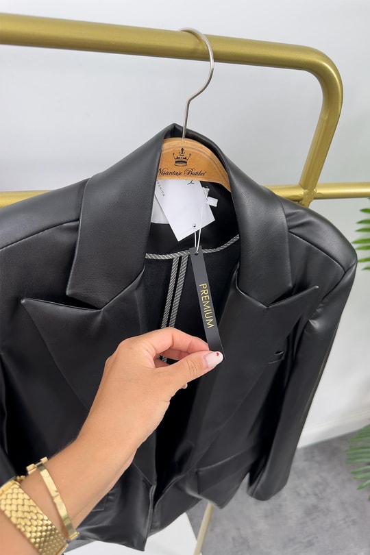 Premium Kalite Yumuşak Kumaş Vegan Deri Blazer Ceket Siyah