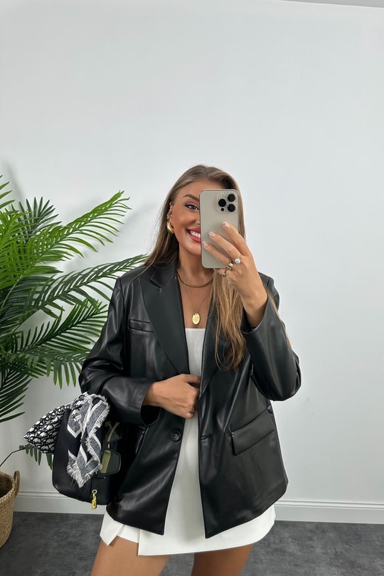 Premium Kalite Yumuşak Kumaş Vegan Deri Blazer Ceket Siyah