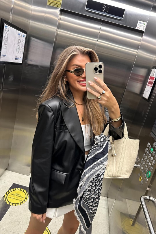 Premium Kalite Yumuşak Kumaş Vegan Deri Blazer Ceket Siyah