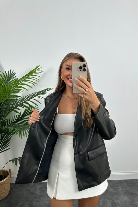 Premium Kalite Yumuşak Kumaş Vegan Deri Blazer Ceket Siyah