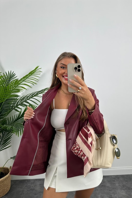 Premium Kalite Yumuşak Kumaş Vegan Deri Blazer Ceket Bordo