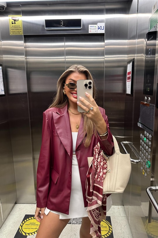 Premium Kalite Yumuşak Kumaş Vegan Deri Blazer Ceket Bordo
