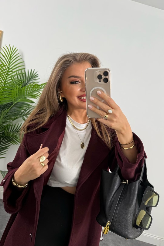 Premium Kalite Yünlü Apoletli Maxi Kaşe Kaban Bordo