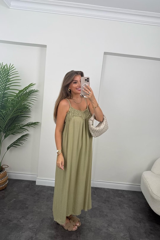 Premium Seri %100 Organik Kumaş Maxi Salaş Elbise Haki