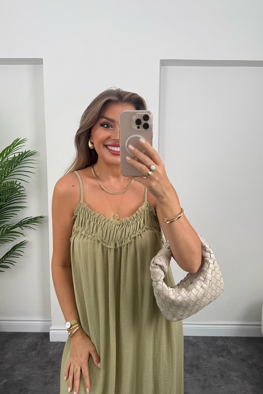 Premium Seri %100 Organik Kumaş Maxi Salaş Elbise Haki