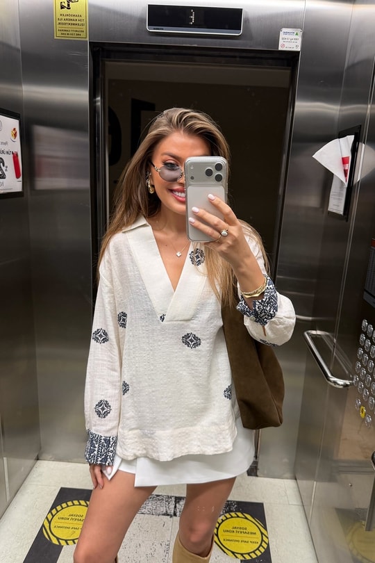 Premium Seri %100 Pamuk Keten Lacivert Desenli Naturel Gömlek