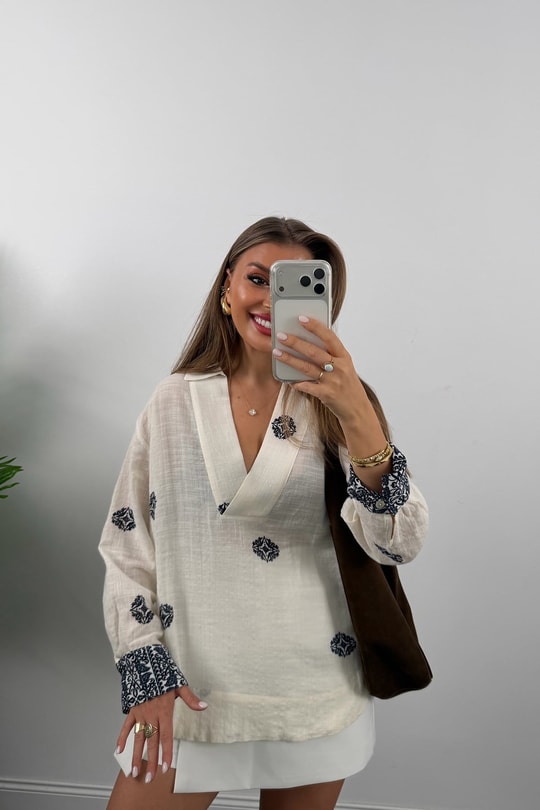 Premium Seri %100 Pamuk Keten Lacivert Desenli Naturel Gömlek