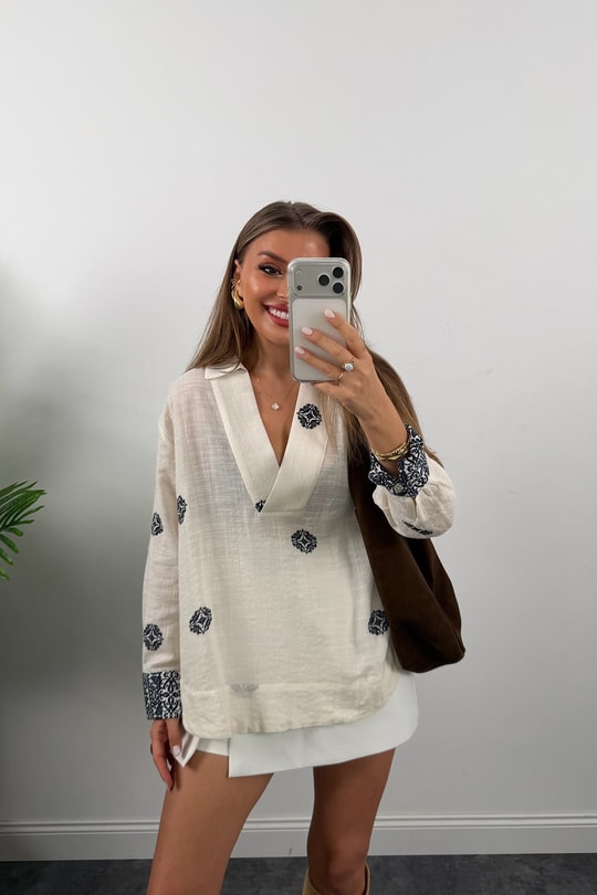 Premium Seri %100 Pamuk Keten Lacivert Desenli Naturel Gömlek