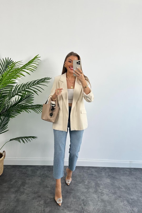 Premium Seri %100 Pamuk Keten Yazlık Blazer Taş