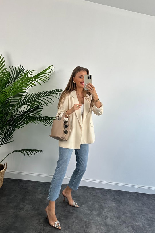 Premium Seri %100 Pamuk Keten Yazlık Blazer Taş