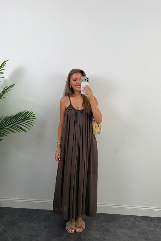 Premium Seri %100 Pamuk Maxi Salaş Elbise Kahverengi  