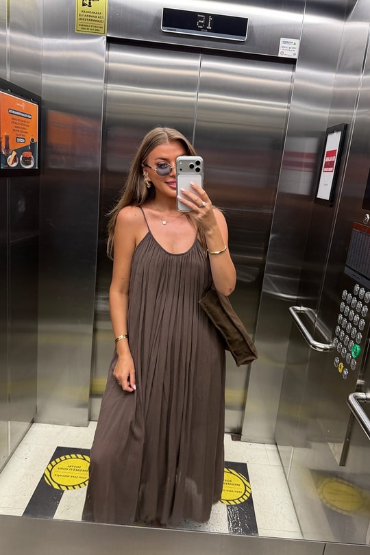 Premium Seri %100 Pamuk Maxi Salaş Elbise Kahverengi  