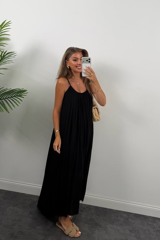 Premium Seri %100 Pamuk Maxi Salaş Elbise Siyah