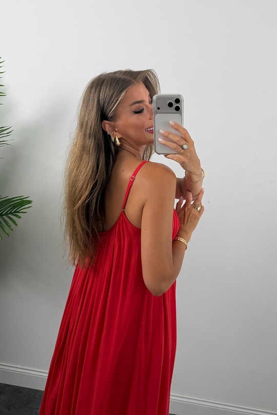Premium Seri %100 Pamuk Maxi Salaş Elbise Kırmızı