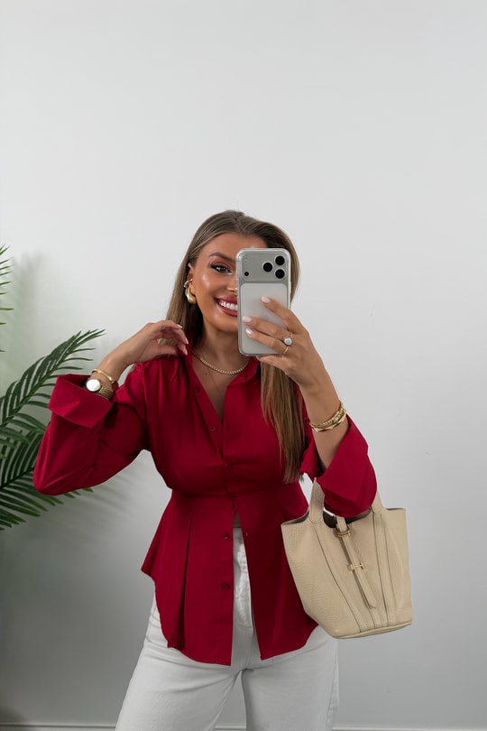 Premium Seri %100 Pamuk Oturtma Pileli Gömlek Kırmızı
