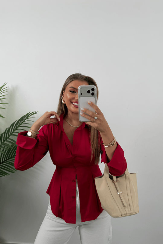 Premium Seri %100 Pamuk Oturtma Pileli Gömlek Kırmızı