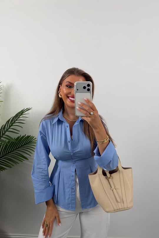 Premium Seri %100 Pamuk Oturtma Pileli Gömlek Mavi