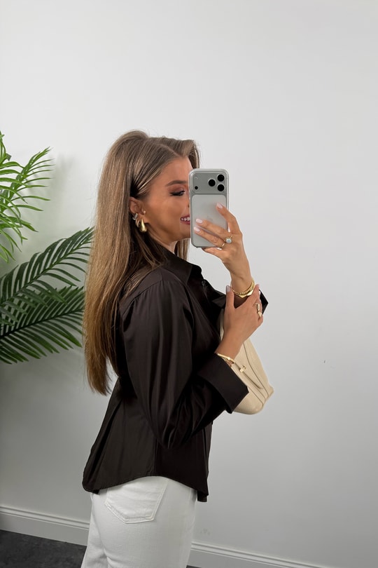 Premium Seri %100 Pamuk Oturtma Pileli Gömlek Acı Kahve