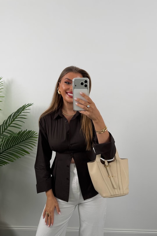 Premium Seri %100 Pamuk Oturtma Pileli Gömlek Acı Kahve