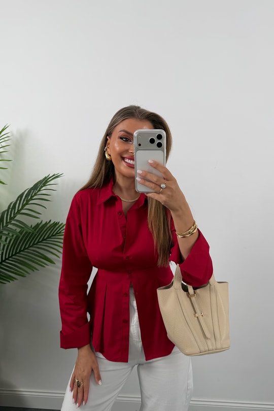 Premium Seri %100 Pamuk Oturtma Pileli Gömlek Kırmızı
