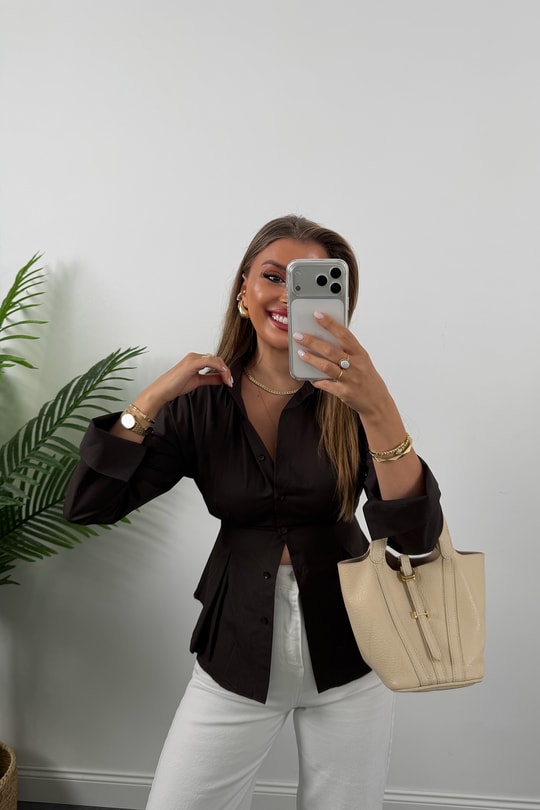 Premium Seri %100 Pamuk Oturtma Pileli Gömlek Acı Kahve