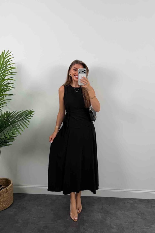 Premium Seri %100 Tensel Kumaş Fularlı Midi Elbise Siyah