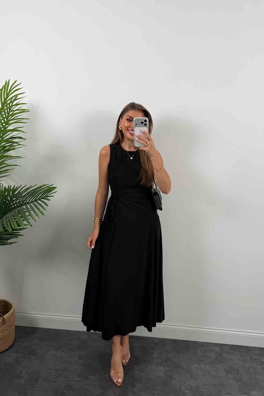 Premium Seri %100 Tensel Kumaş Fularlı Midi Elbise Siyah