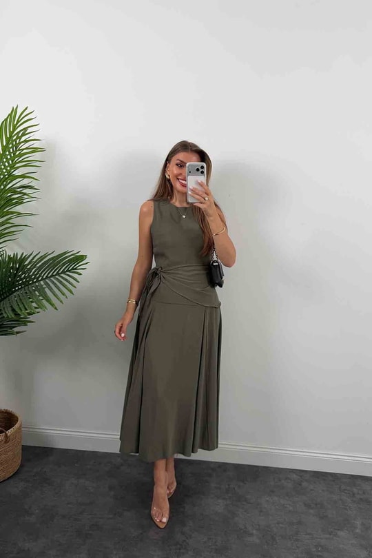 Premium Seri %100 Tensel Kumaş Fularlı Midi Elbise Haki