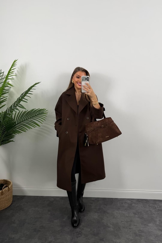 Premium Seri 4 Düğmeli Kol Detay Oversize Maxi Kaşe Kaban Acı Kahve