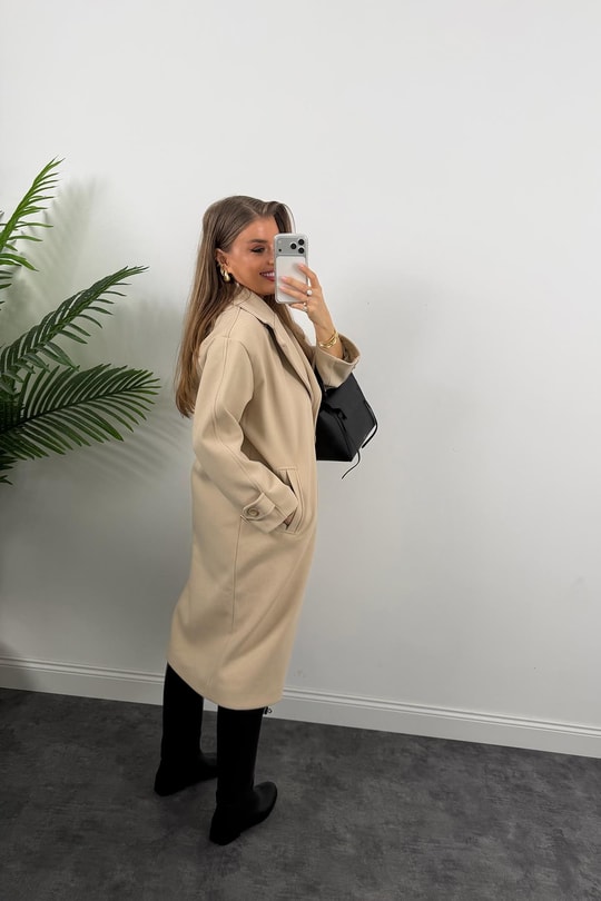 Premium Seri 4 Düğmeli Kol Detay Oversize Maxi Kaşe Kaban Taş