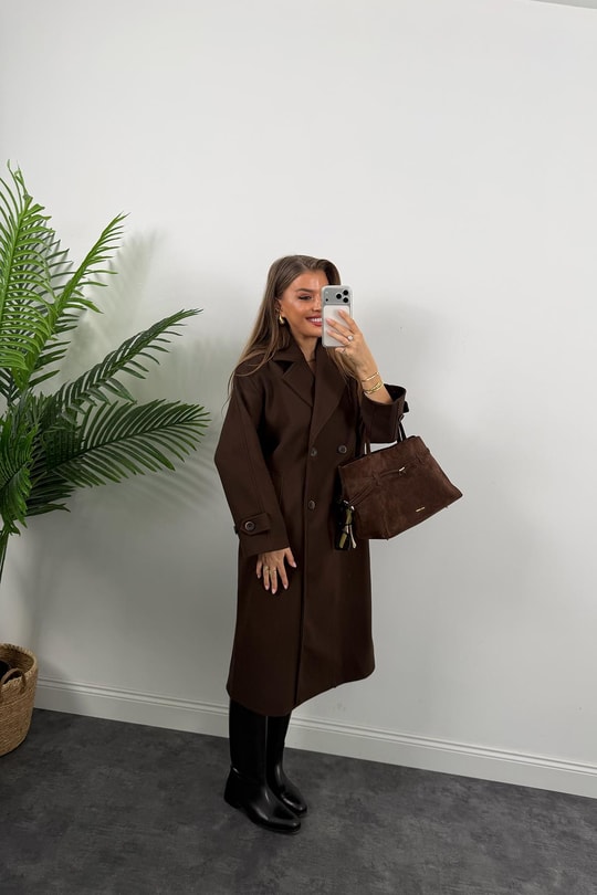 Premium Seri 4 Düğmeli Kol Detay Oversize Maxi Kaşe Kaban Acı Kahve