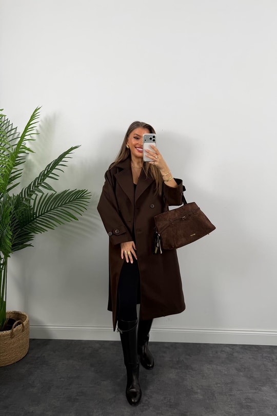 Premium Seri 4 Düğmeli Kol Detay Oversize Maxi Kaşe Kaban Acı Kahve