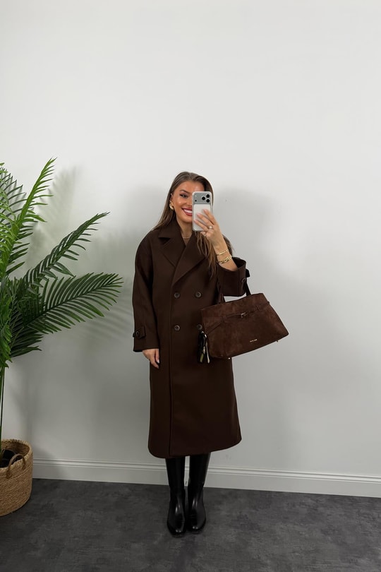 Premium Seri 4 Düğmeli Kol Detay Oversize Maxi Kaşe Kaban Acı Kahve