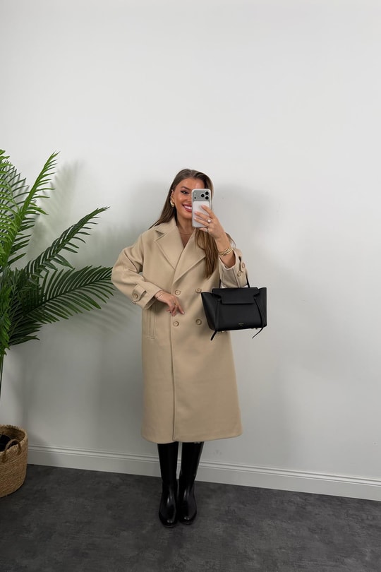 Premium Seri 4 Düğmeli Kol Detay Oversize Maxi Kaşe Kaban Taş