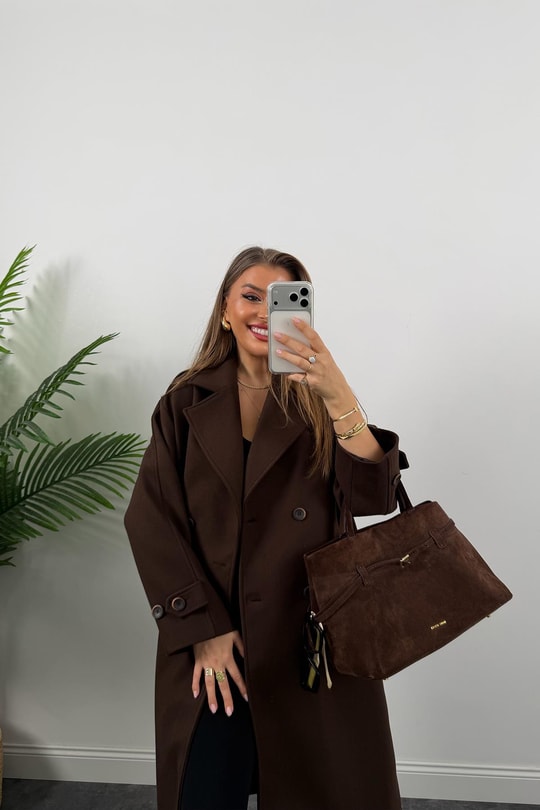 Premium Seri 4 Düğmeli Kol Detay Oversize Maxi Kaşe Kaban Acı Kahve