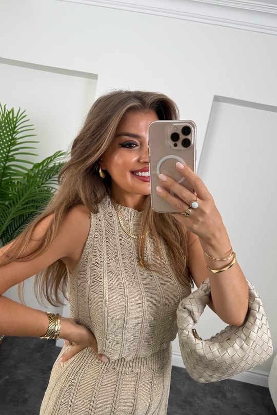 Premium Seri Ajurlu Likralı Etek Bluz Takım Gold
