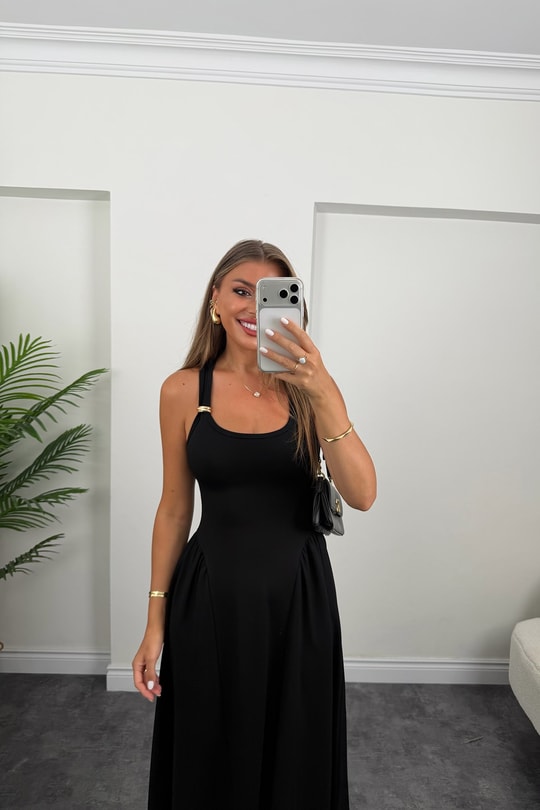Premium Seri Askısı Gold Detaylı Midi Boy Çelik Elbise Siyah