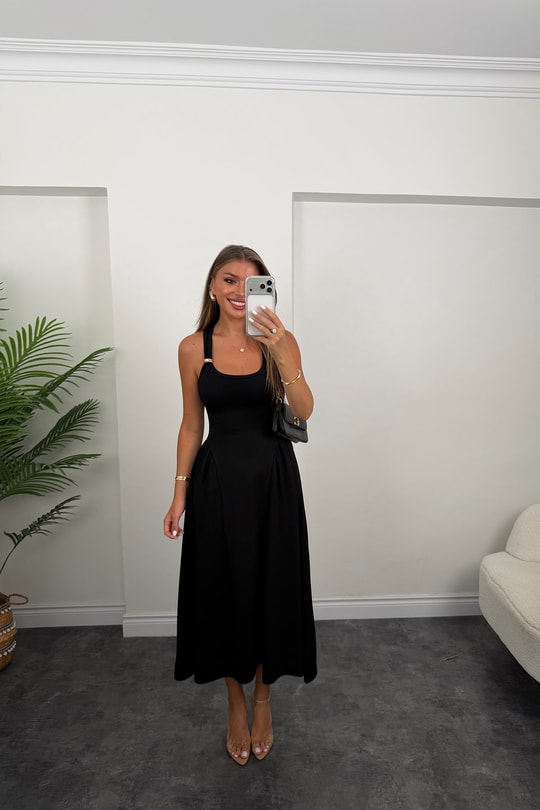 Premium Seri Askısı Gold Detaylı Midi Boy Çelik Elbise Siyah