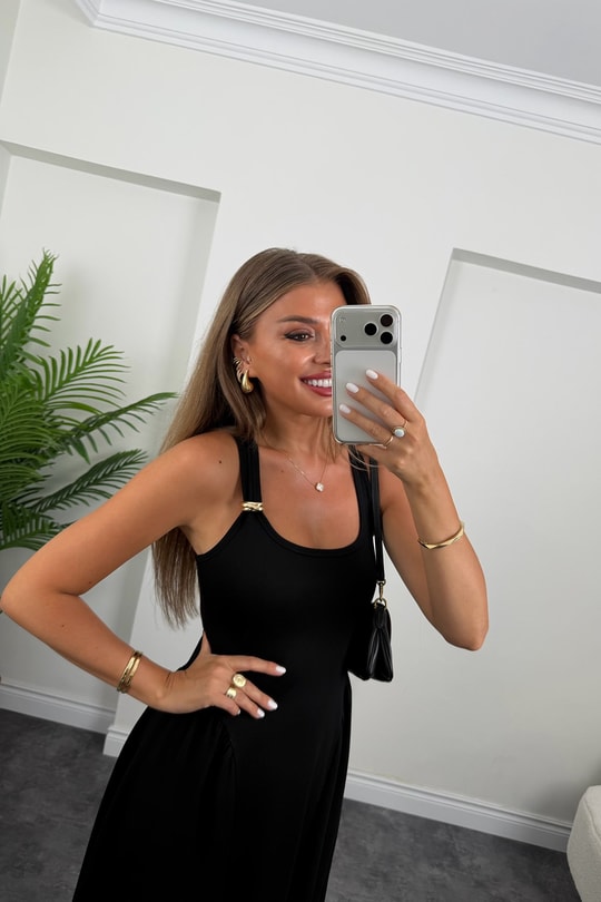 Premium Seri Askısı Gold Detaylı Midi Boy Çelik Elbise Siyah
