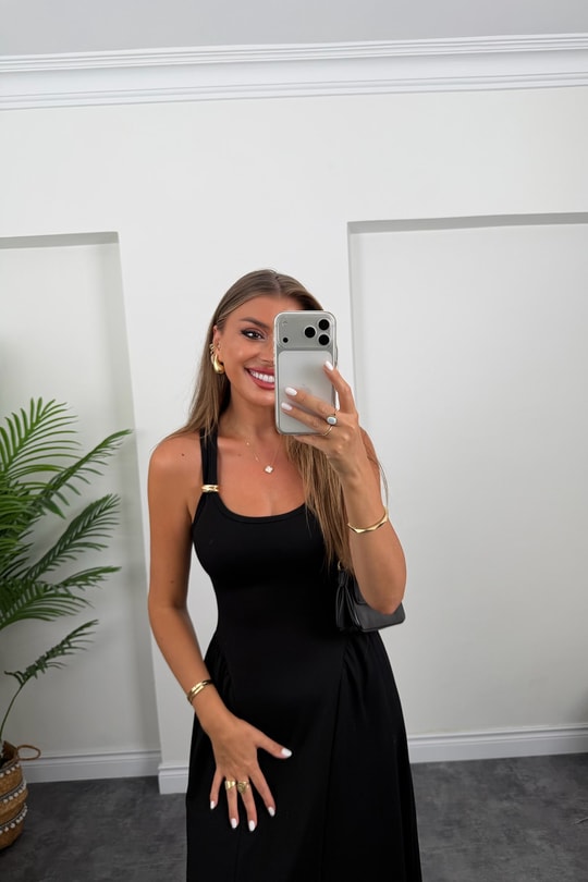 Premium Seri Askısı Gold Detaylı Midi Boy Çelik Elbise Siyah