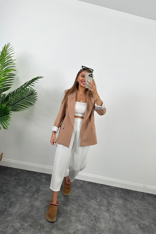 Premium Seri Astarlı Çizgili Blazer Ceket Camel